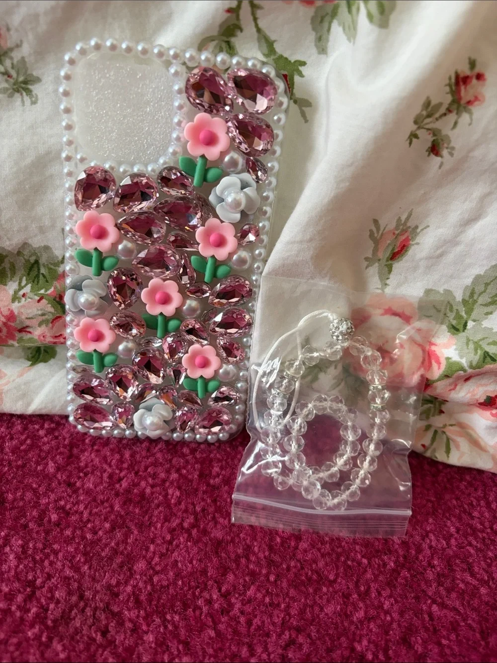 Decorative Pink Floral Pearl Phone Case with Clear Beaded Strap